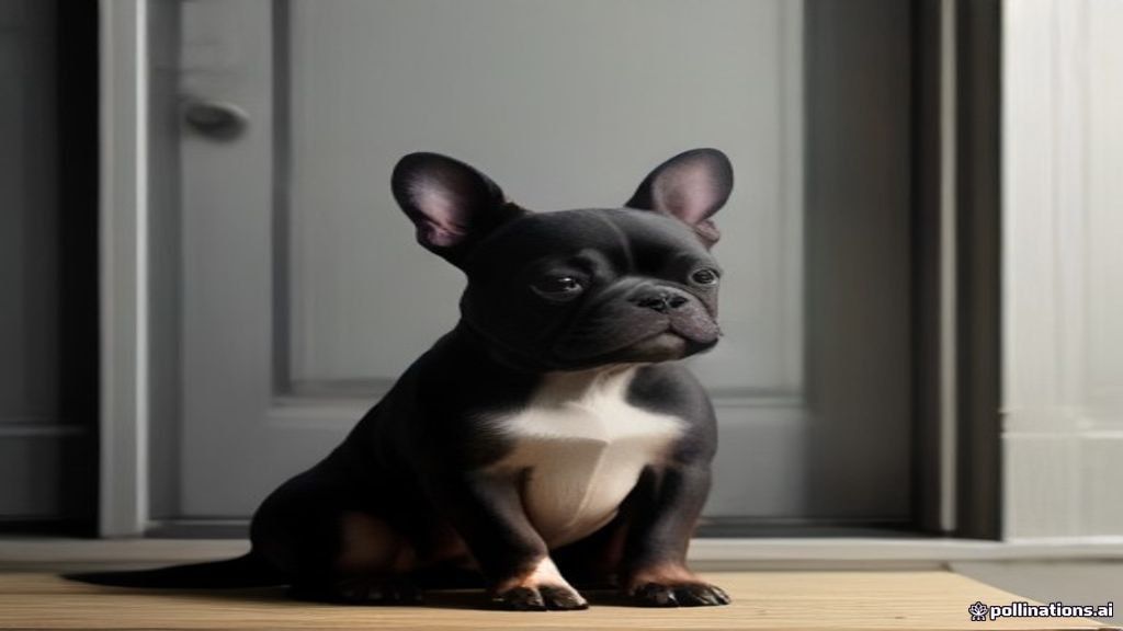 French bulldog barking at doorbell by the front door, showing alert reaction.